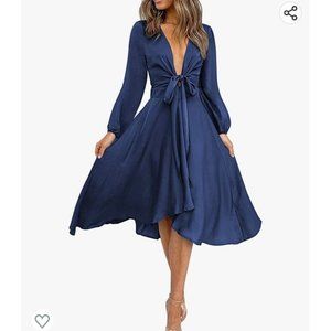 miduo Womens Dresses Satin Fashion V Neck Self Tie Long Sleeve High Waist Skater